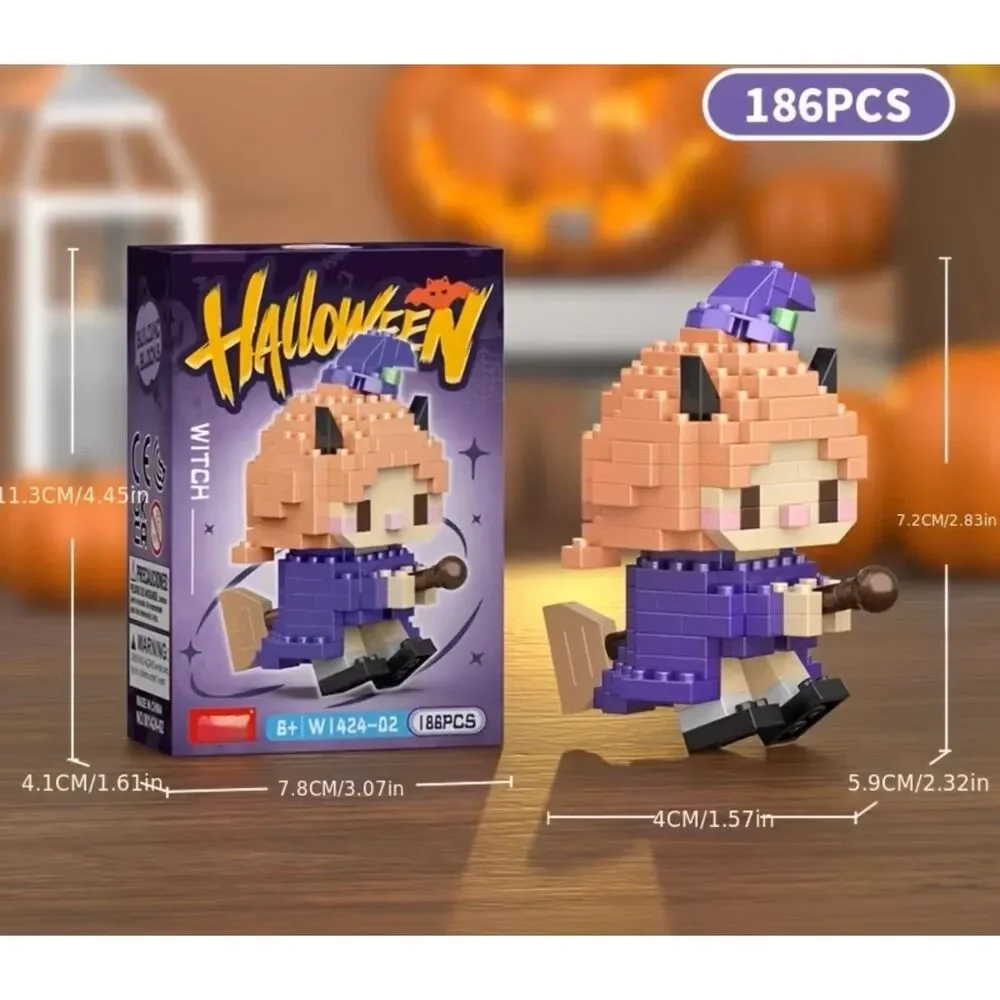 186 PCS Halloween Witch Cat Mini Building Blocks Brick Figure Toy Kit Ages 6+